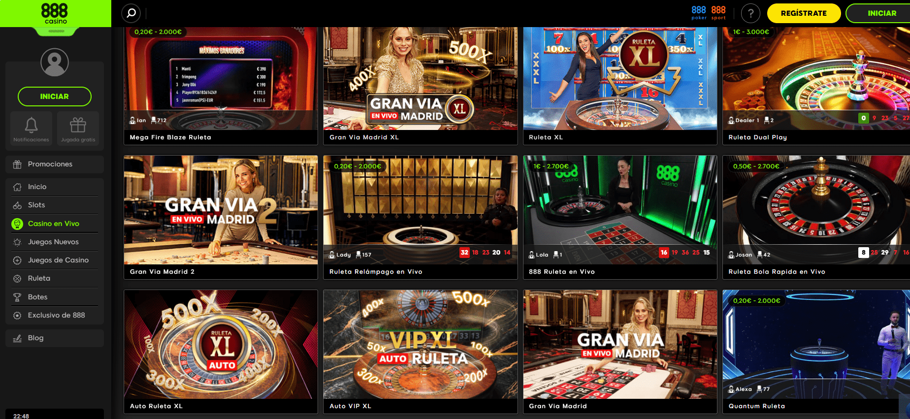 Ruleta en vivo, 888 Casino